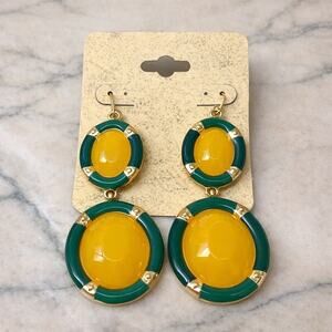 Green & Yellow Enamel Drop Earrings Gold Tone Statement Dangle